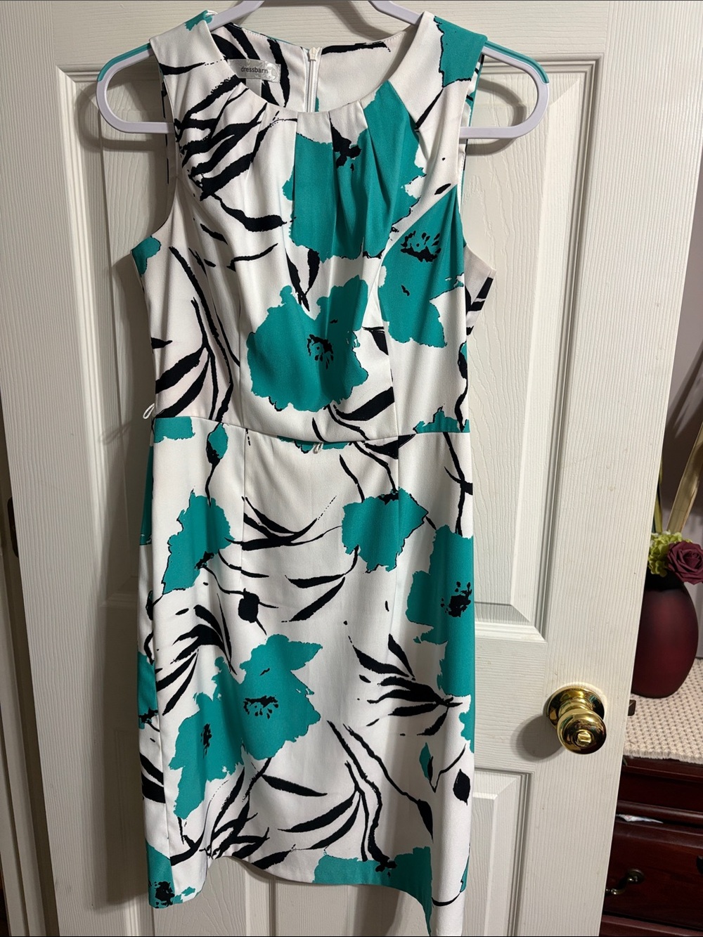Dress Barn White Midi Dress with Teal and Black Floral Print
